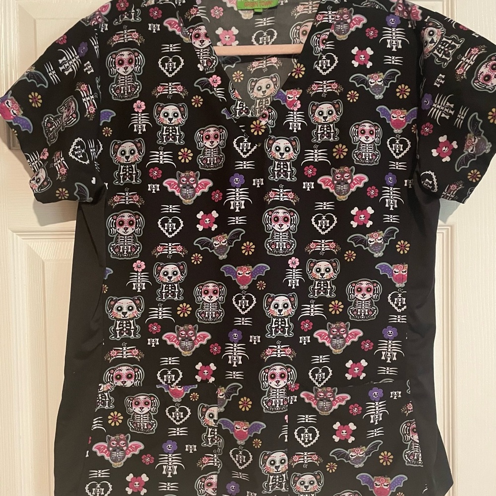 Halloween Skeleton Print Black Scrub top